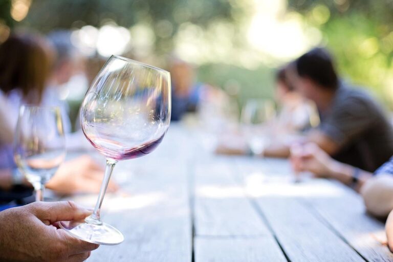 Wijn op het terras: glas rode wijn met hapjes en uitzicht op zonnige tuin